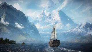 Lost Ark leveling - a ship sails across water, towards snowcapped mountains in the distance
