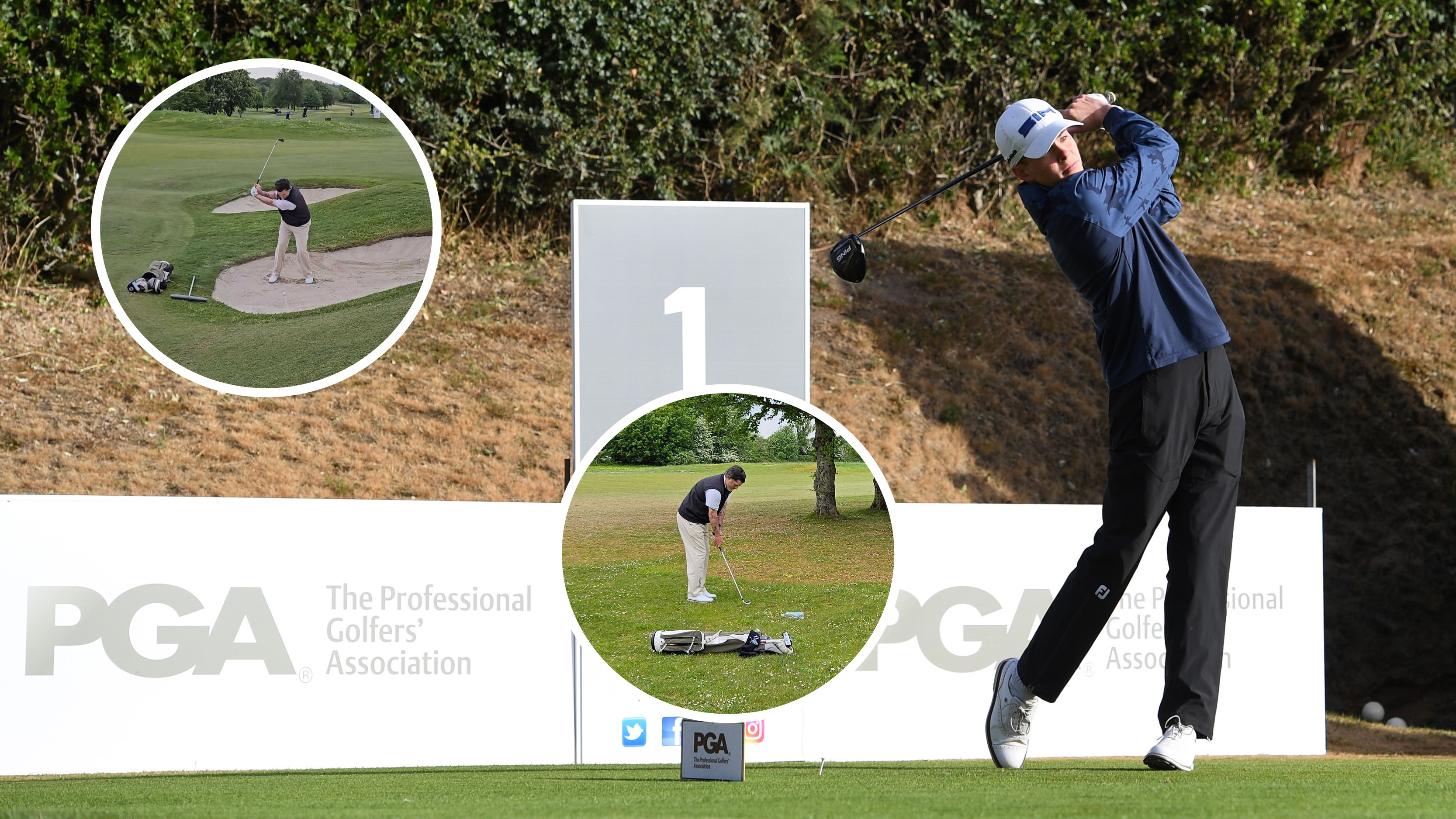 Main image of a pro playing a PGA event at Minchinhampton in 2022 with two inset photos of Joe Ferguson playing (bottom middle and top left)
