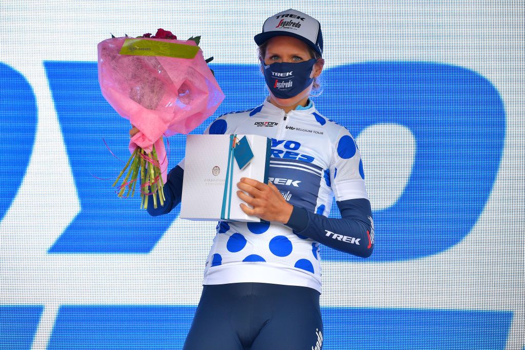 GERAARDSBERGEN BELGIUM JUNE 25 Ellen Van Dijk of The Netherlands and Team Trek Segafredo Polka Dot Mountain Jersey celebrates at podium during the 9th Lotto Belgium Tour 2021 Stage 3 a 1011km stage from Geraardsbergen to Geraardsbergen 101m LottoBelgTour LottoBelgiumTour on June 25 2021 in Geraardsbergen Belgium Photo by Luc ClaessenGetty Images
