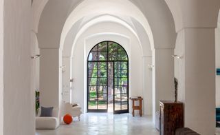 Large, white hallway with domed ceiling leading to a glass-panelled door into the garden