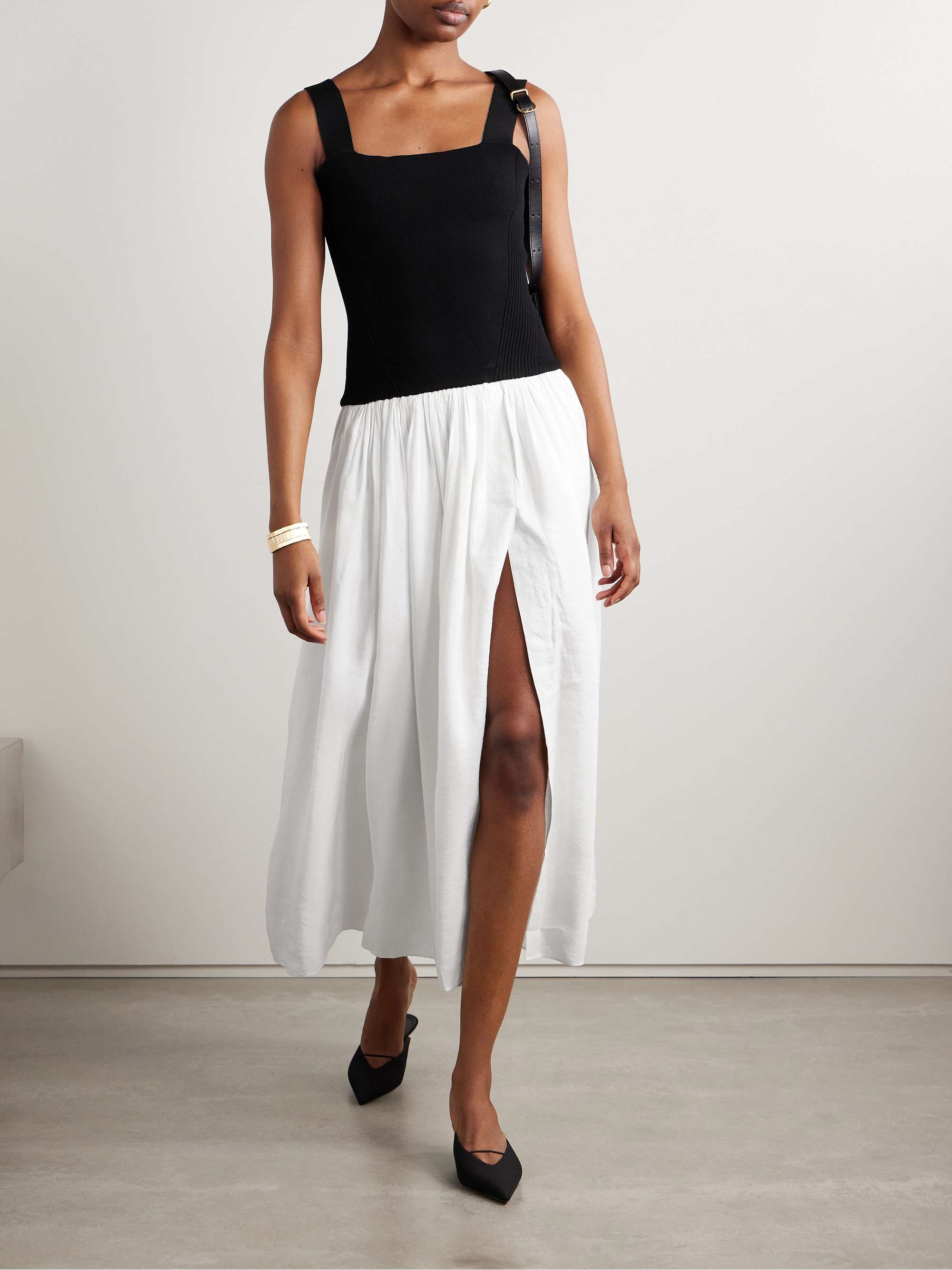Stretch-Knit and Gathered Linen-Blend Midi Dress