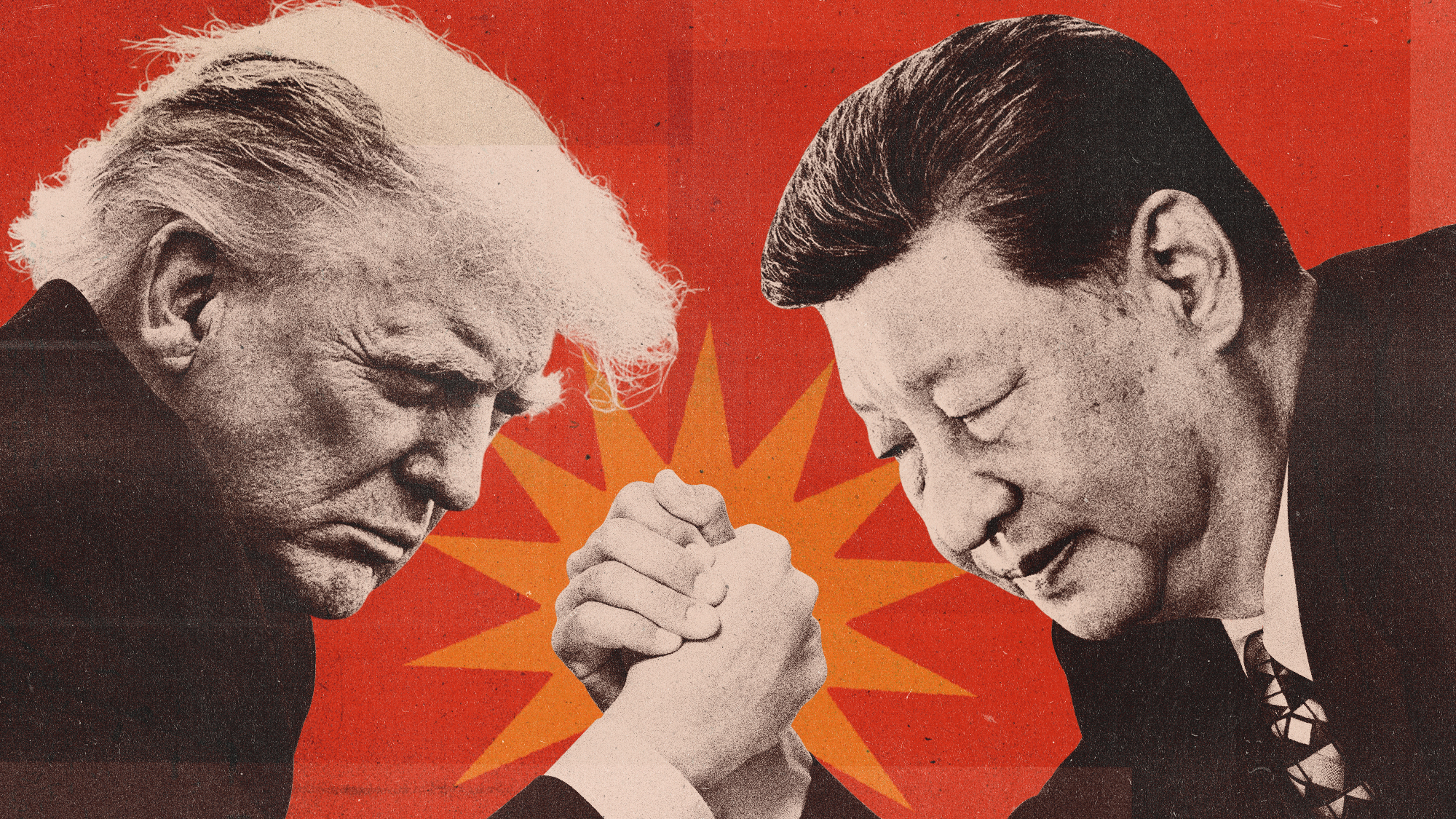 Photo composite illustration of Donald Trump and Xi Jinping arm wrestling