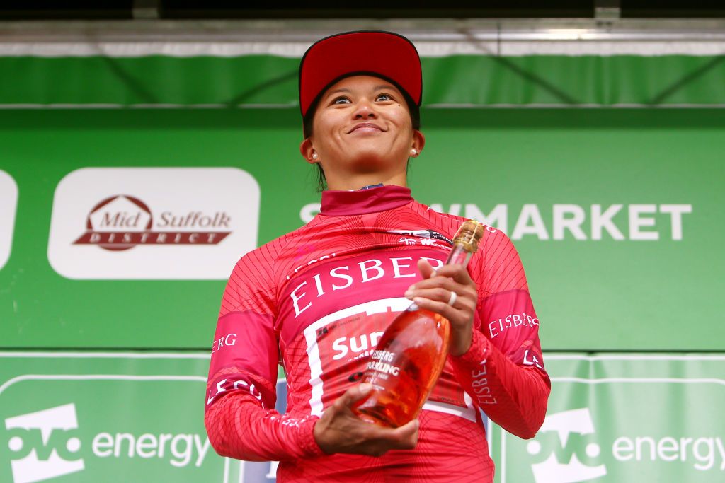 Coryn Rivera in the red sprint jersey after stage 1 at the Ovo Women's Tour