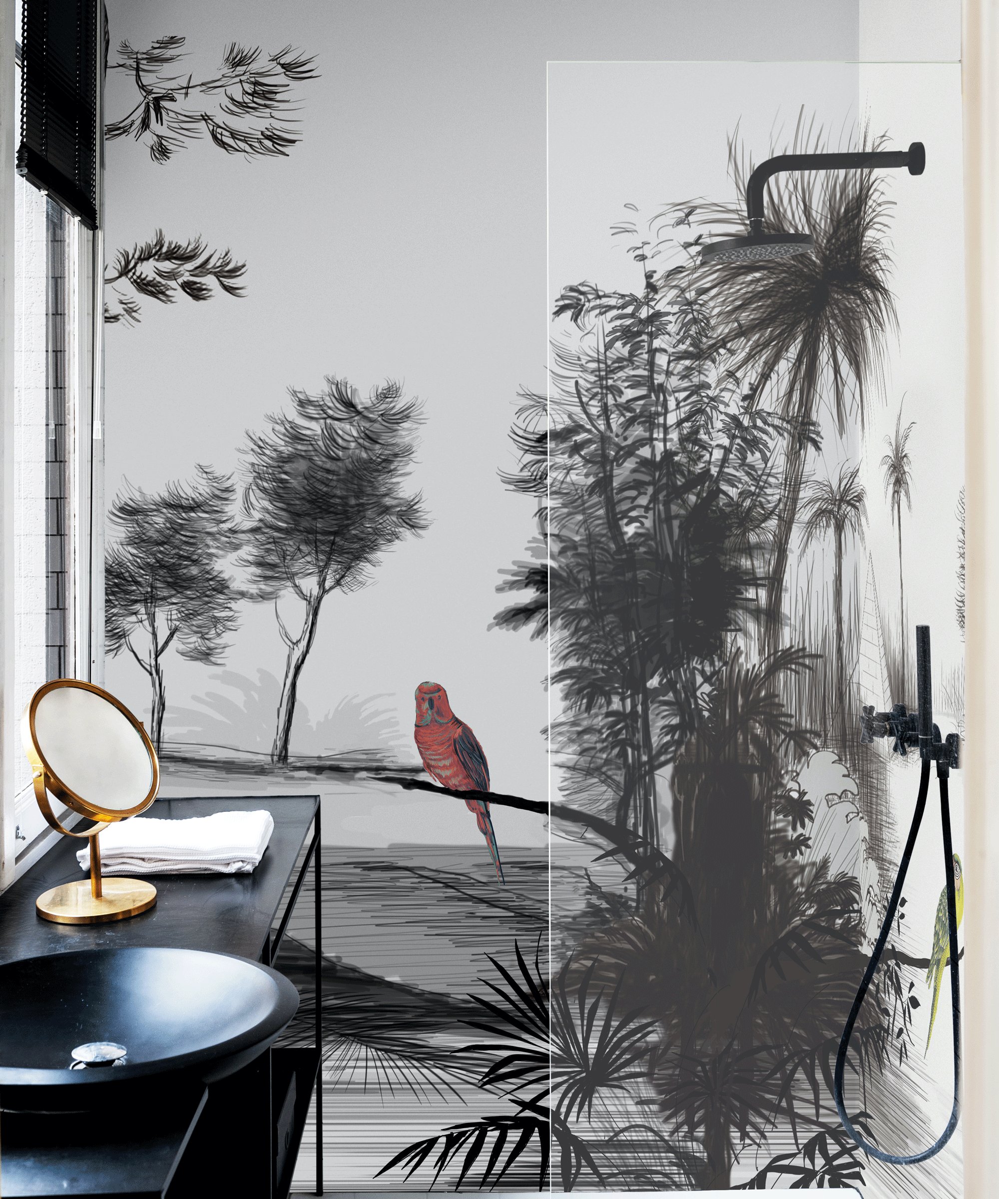 An example of bathroom wall ideas showing a shower with a black botanical wall mural with a red bird