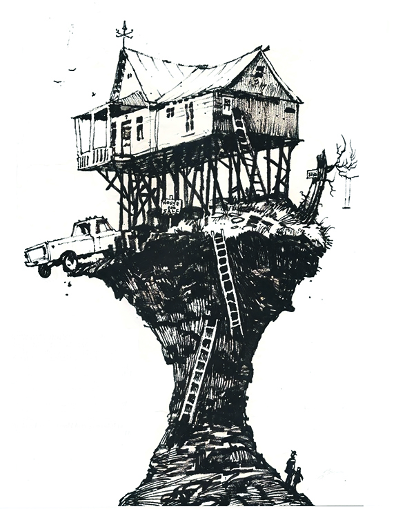 Absurd art; a house on stilts on a precarious earth mound