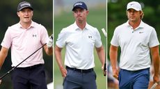 Jordan Spieth, Maverick McNealy and Brooks Koepka walk on the fairway