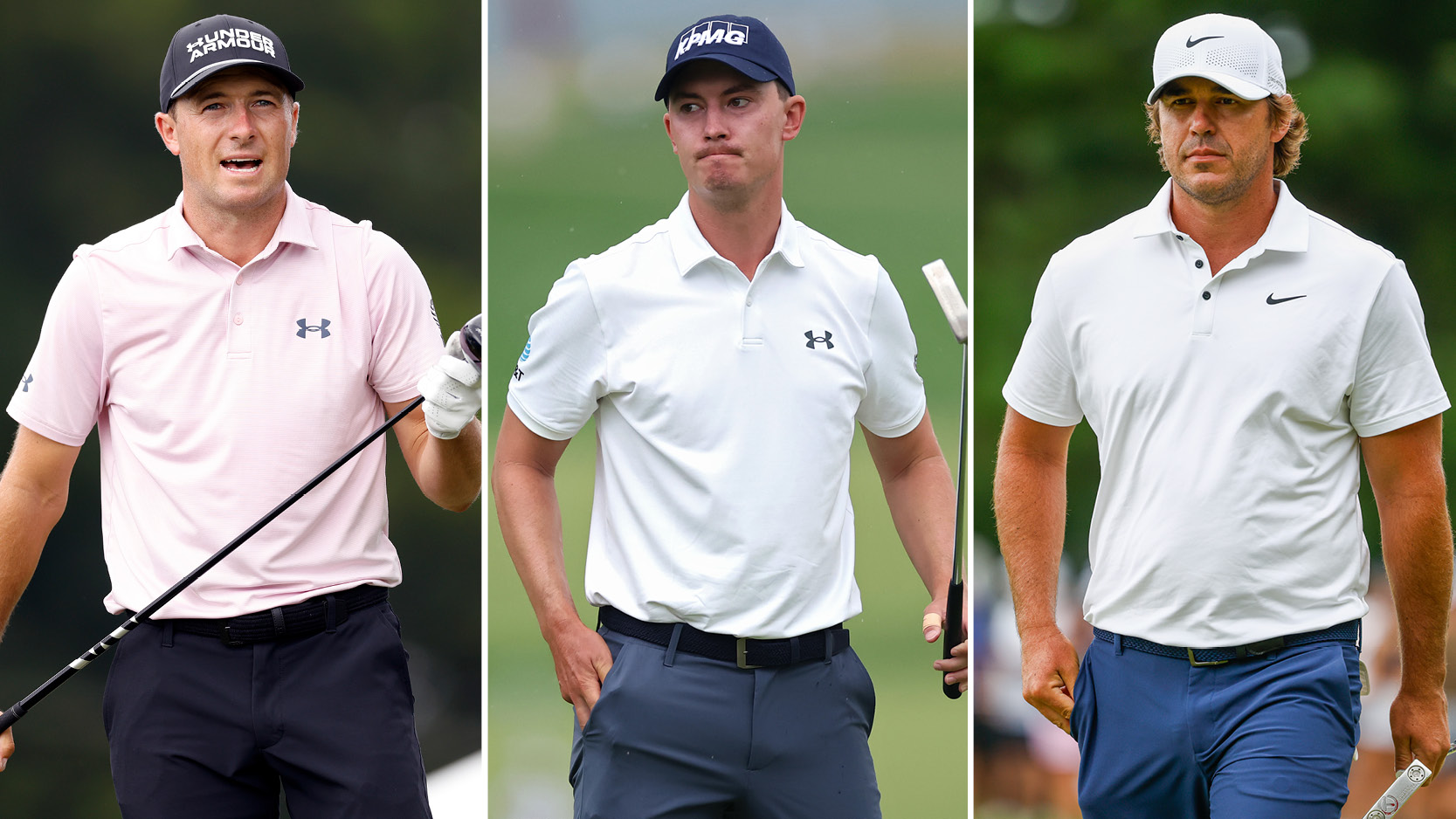 Jordan Spieth, Maverick McNealy and Brooks Koepka walk on the fairway