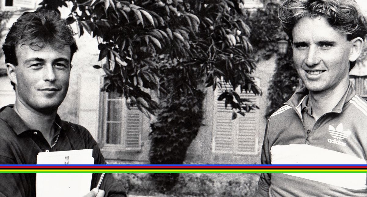 Yves Perret with Gilles Dilion before the 1989 road world championships in Chambery