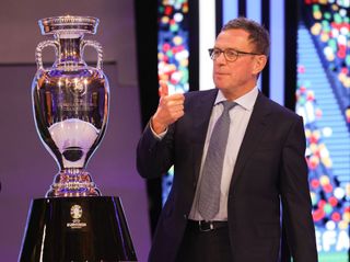 Austria Euro 2024 squad Ralf Rangnick national coach of Austria with EuroTrophy during the UEFA EURO 2024 Final Tournament Draw at Elbphilharmonie on December 2, 2023 in Hamburg, Germany. (Photo by Jürgen Fromme - firo sportphoto/Getty Images)