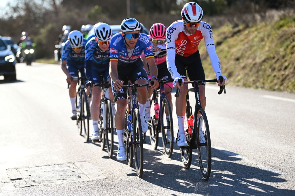 BESSEGES FRANCE FEBRUARY 03 LR Dries De Bondt of Belgium and Team AlpecinDeceuninck and Thomas Champion of France and Team Cofidis compete in the breakaway during the 53rd Etoile de Besseges Tour Du Gard 2023 Stage 3 a 16971km stage from Bessges to Bessges EDB2021 on February 03 2023 in Besseges France Photo by Luc ClaessenGetty Images