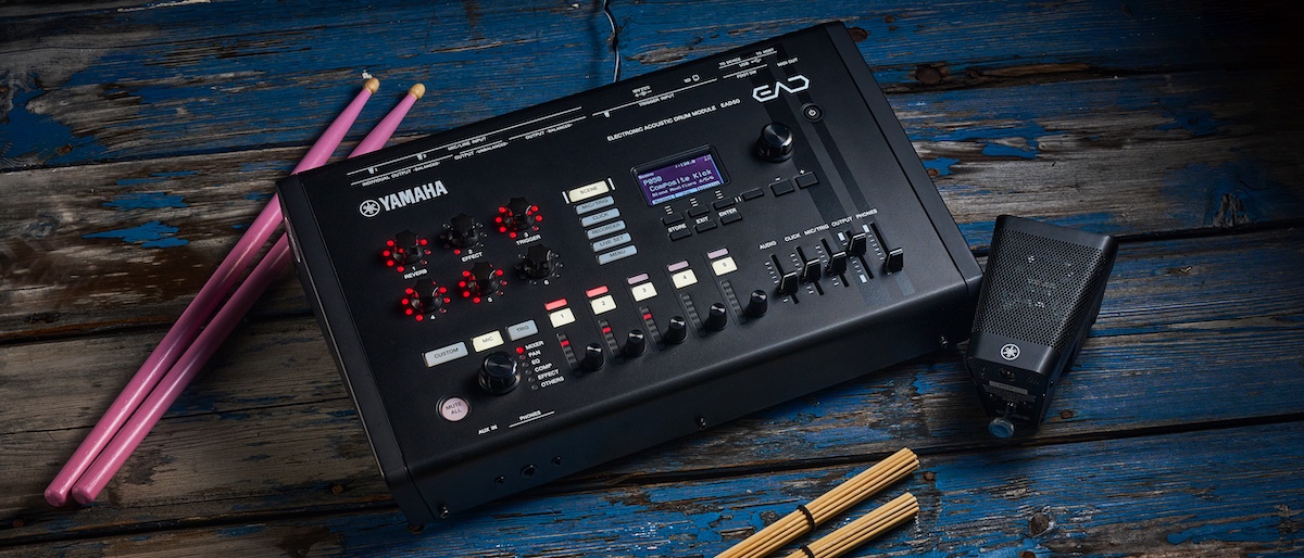 Yamaha EAD50 on a blue wooden floor surrounded by drumsticks