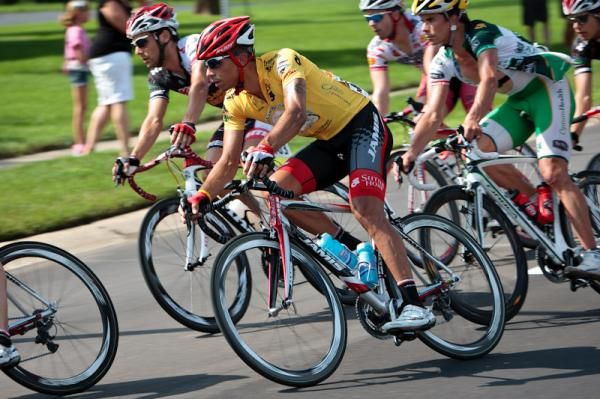 Luis Amaran (Jamis-Sutter Home) riding in the leaders jersey.