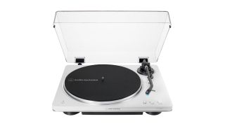 A front-facing picture of a white Audio-Technica LP70XBT turntable on a plain white background.