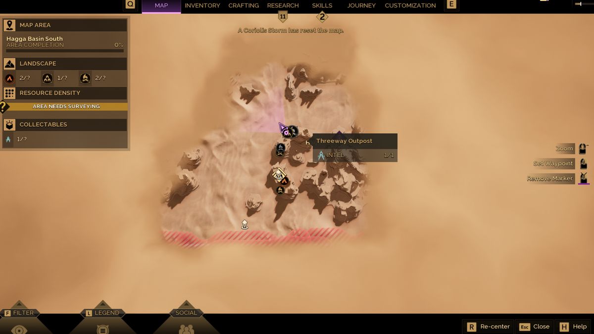 Dune: Awakening intel research points - The Threeway Outpost in Hagga Basin South shown on the map.