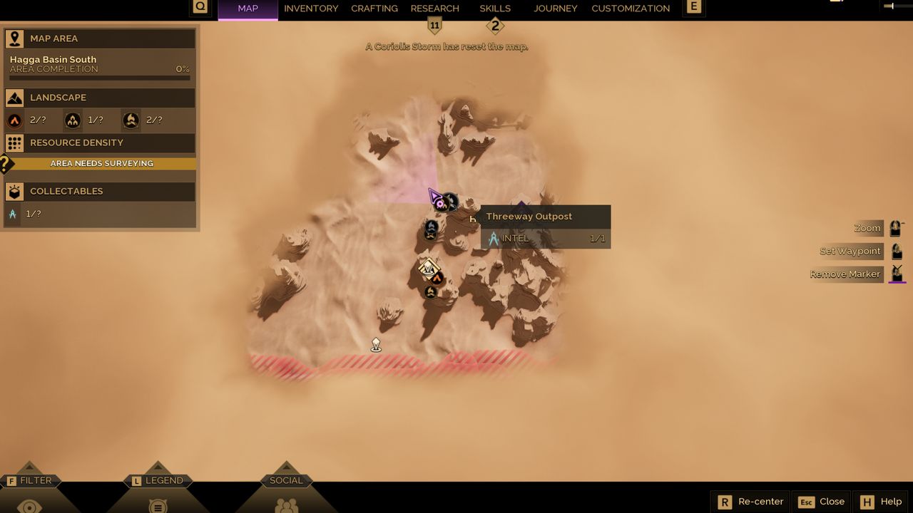 Dune: Awakening intel research points - The Threeway Outpost in Hagga Basin South shown on the map.