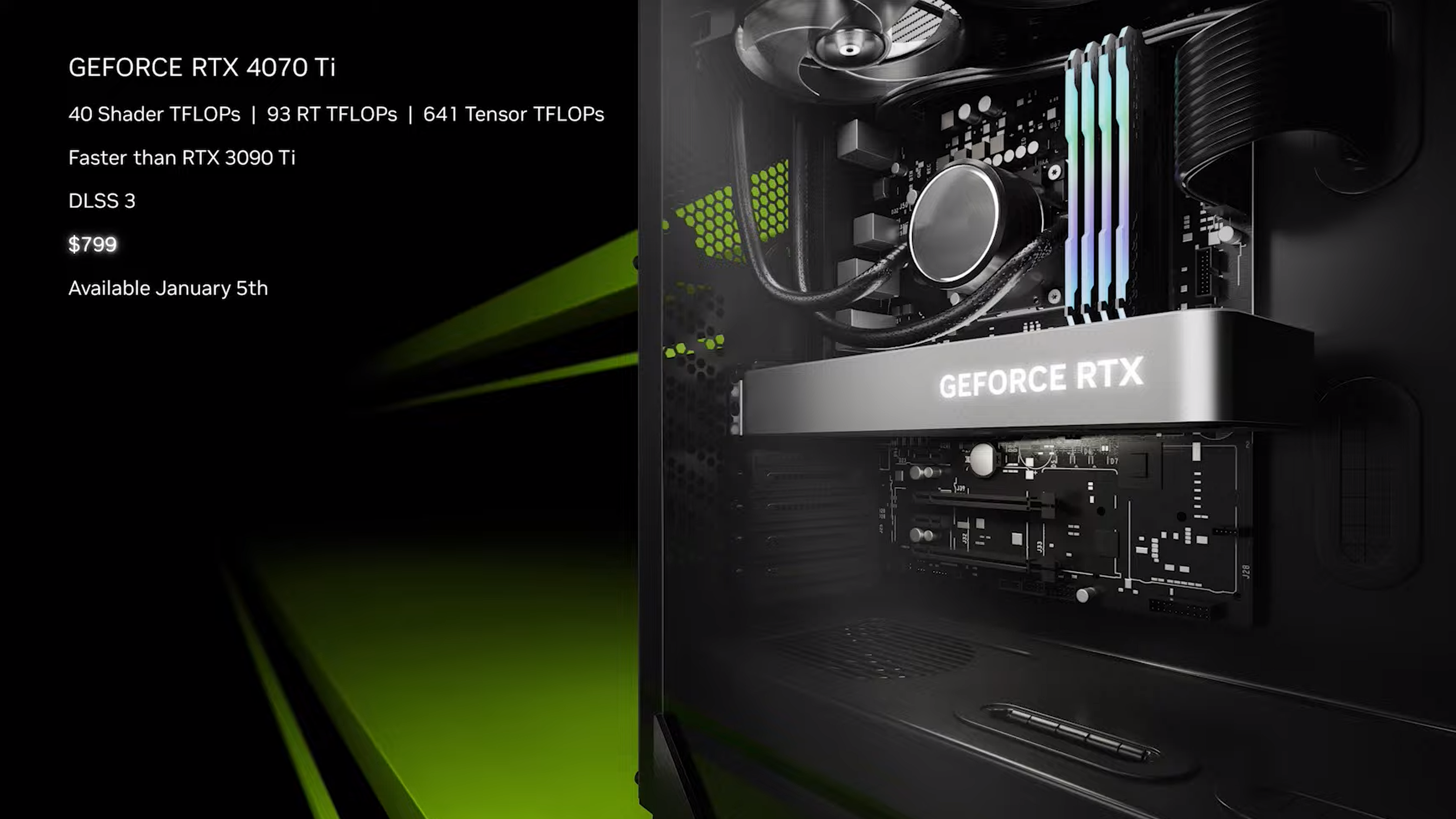 Screenshot from the Nvidia CES 2023 livestream, featuring the RTX 4070 Ti with specs and pricing.