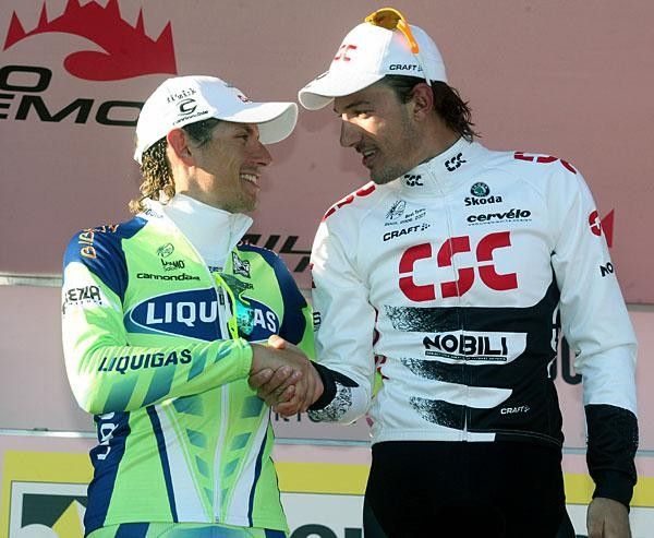 Pozzato congratulates Cancellara to his stunning performance.