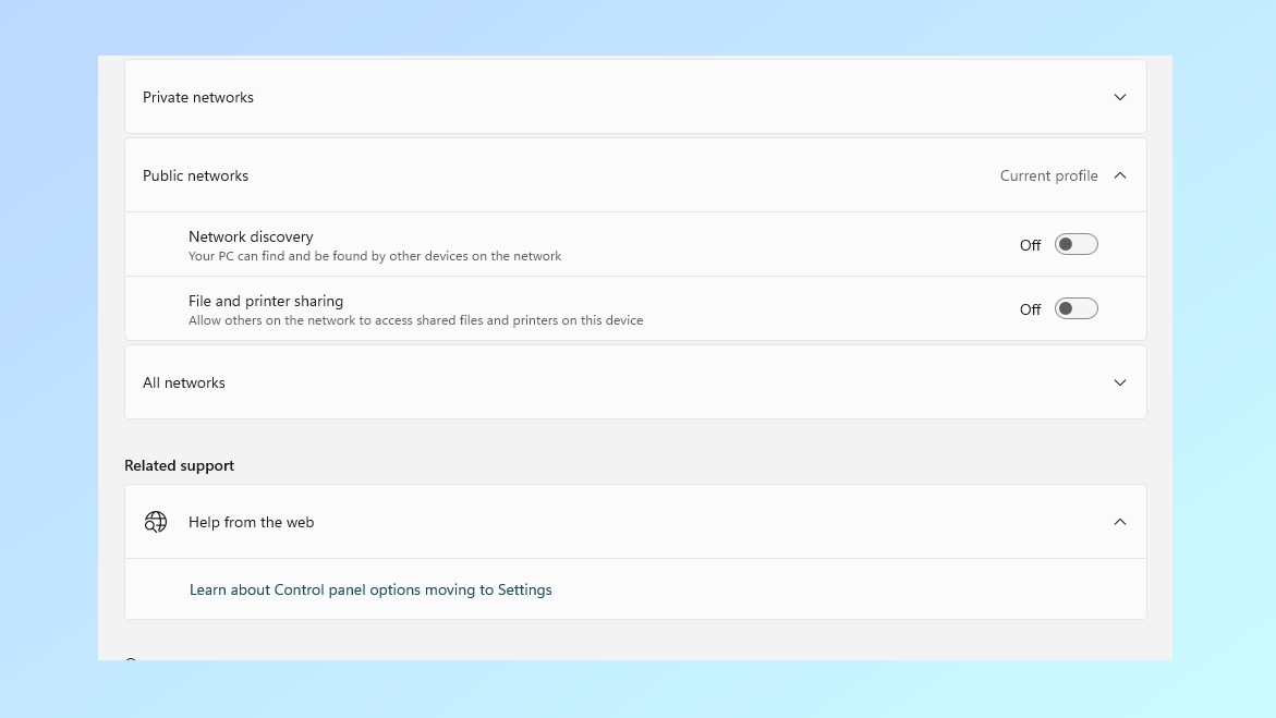 The settings menu for network discovery in Windows 11