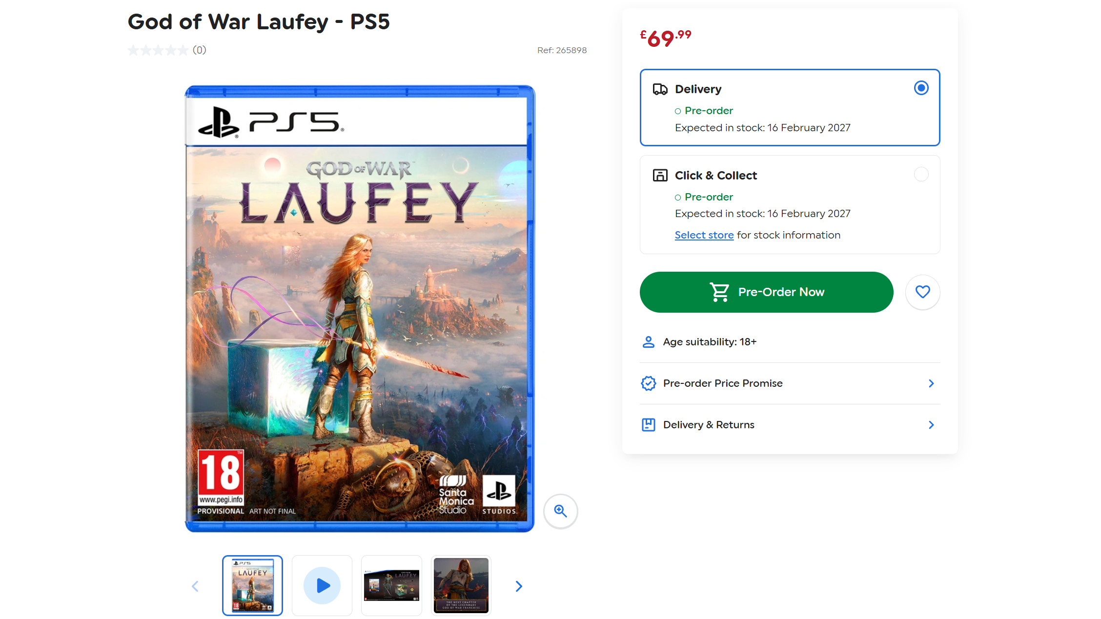 A screenshot from Smyths Toys showing the pre-order listings for God of War Laufey