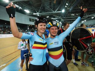 Jolien D'Doore and Lotte Kopecky of Belgium celebrates after winning Women's Madison Final on Day 4 in 2017 UCI Track Cycling World Championships