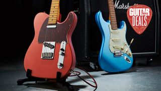 Two Fender Player Plus Series guitars with a Marshall guitar amp in the background