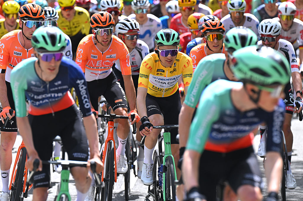 LEKUNBERRI, SPAIN - APRIL 07: Paul Seixas of France and Team Decathlon CMA CGM - Yellow Leader Jersey competes during the 65th Itzulia Basque Country 2026, Stage 2 a 164.1km from Pamplona-Iruna to Lekunberri 757m / #UCIWT / on April 07, 2026 in Lekunberri, Spain. (Photo by Tim de Waele/Getty Images)