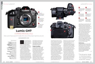 Opening two pages of the Lumix GH7 camera review in Digital Camera issue 287, November 2024