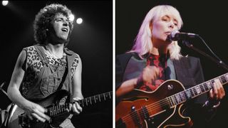 Left&ndash;Steve Lukather of Toto performs live on stage at 'Muziekcentrum Vredenburg', Utrecht, Netherlands, 26th September 1982; Joni Mitchell performs live on stage playing a semi-acoustic guitar in 1983