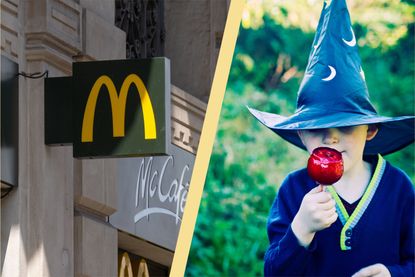 McDonald&#039;s sign split layout with child dressed as a witch eating a toffee apple