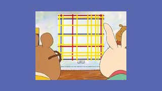 Characters from Arthur look at a Mondrian artwork that was hung upside down