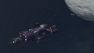 A purple Starfield ship drifts towards another spaceship while orbiting a moon.