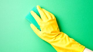 Yellow glove wiping green wall