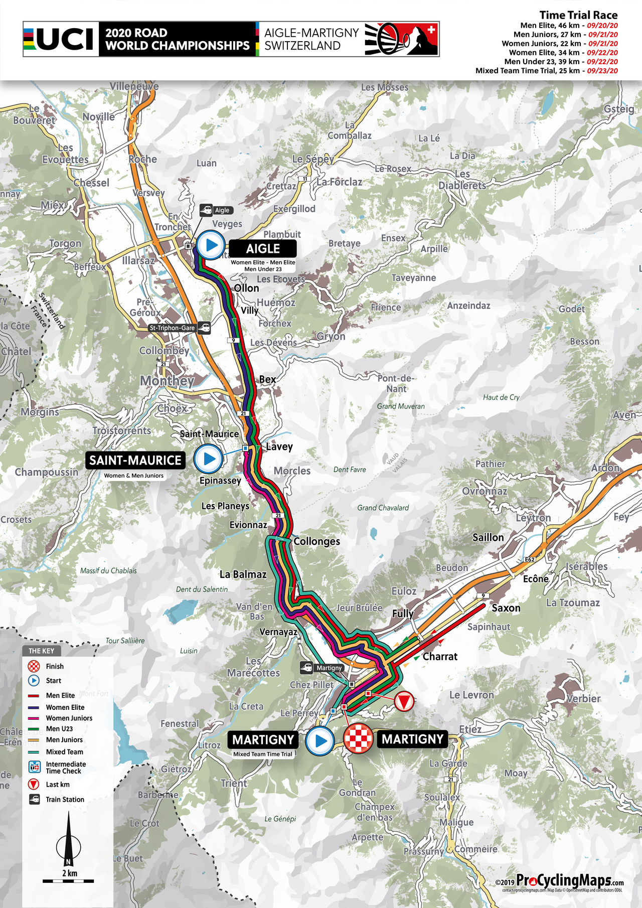 The routes for the time trials at the 2020 World Championships in Switzerland