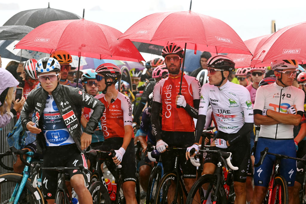 LIENCRES SPAIN SEPTEMBER 12 LR Rubn Fernndez of Spain Jess Herrada of Spain and Team Cofidis and Juan Ayuso of Spain and UAE Team Emirates White best young jersey prior to the 78th Tour of Spain 2023 Stage 16 a 1201km stage from Liencres to Bejes UCIWT on September 12 2023 in Liencres Spain Photo by Tim de WaeleGetty Images