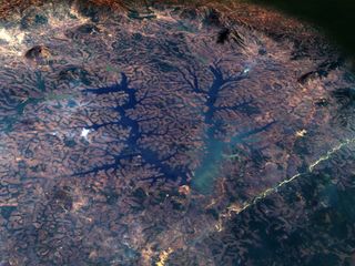The Lac de Mbakaou in Cameroon, Africa, as seen on Feb. 2, 2001, by the Landsat-7 satellite.