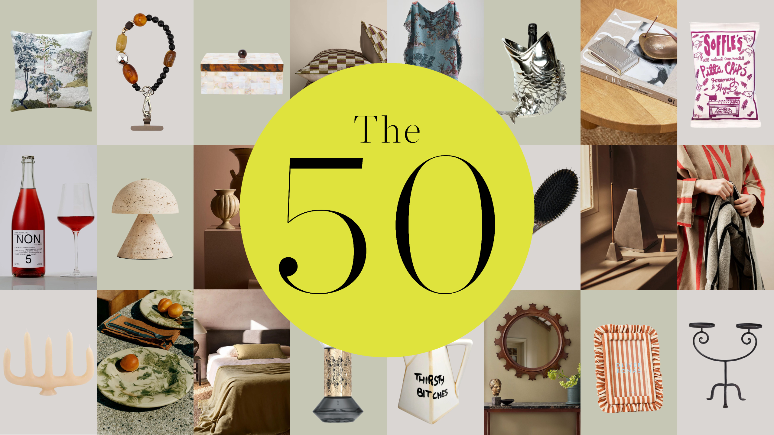 various homeware with yellow circle in center with the words 'the 50' in it