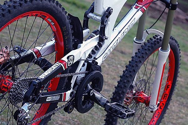 Down low on Rennie's bike.