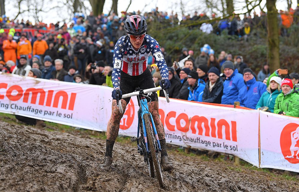 Katie Compton leads 2018 cyclo-cross worlds in Valkenburg through the mud