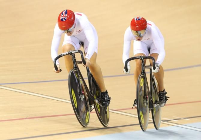 Jess Varnish swings off to leave Rebecca James to do the last lap in team sprint qualification