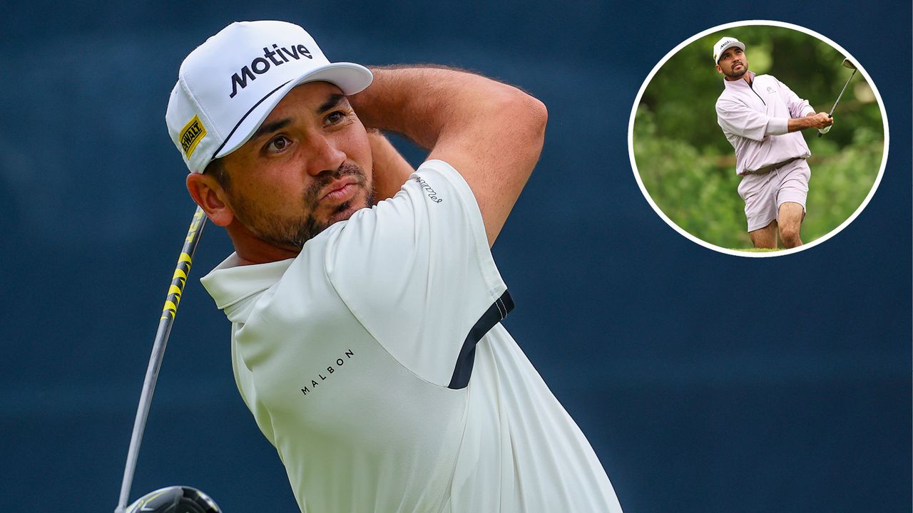 Jason Day hits a tee shot with his driver, then also hits a chip