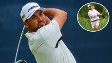 Jason Day hits a tee shot with his driver, then also hits a chip
