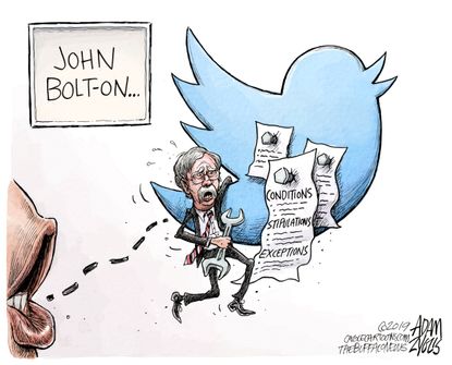 Political cartoon U.S. Trump John Bolton Twitter Syria pullout