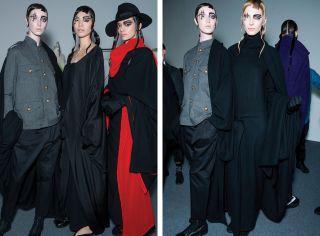 4 models wearing black trousers with grey jacket, black draped dresses and red long dress with black hat