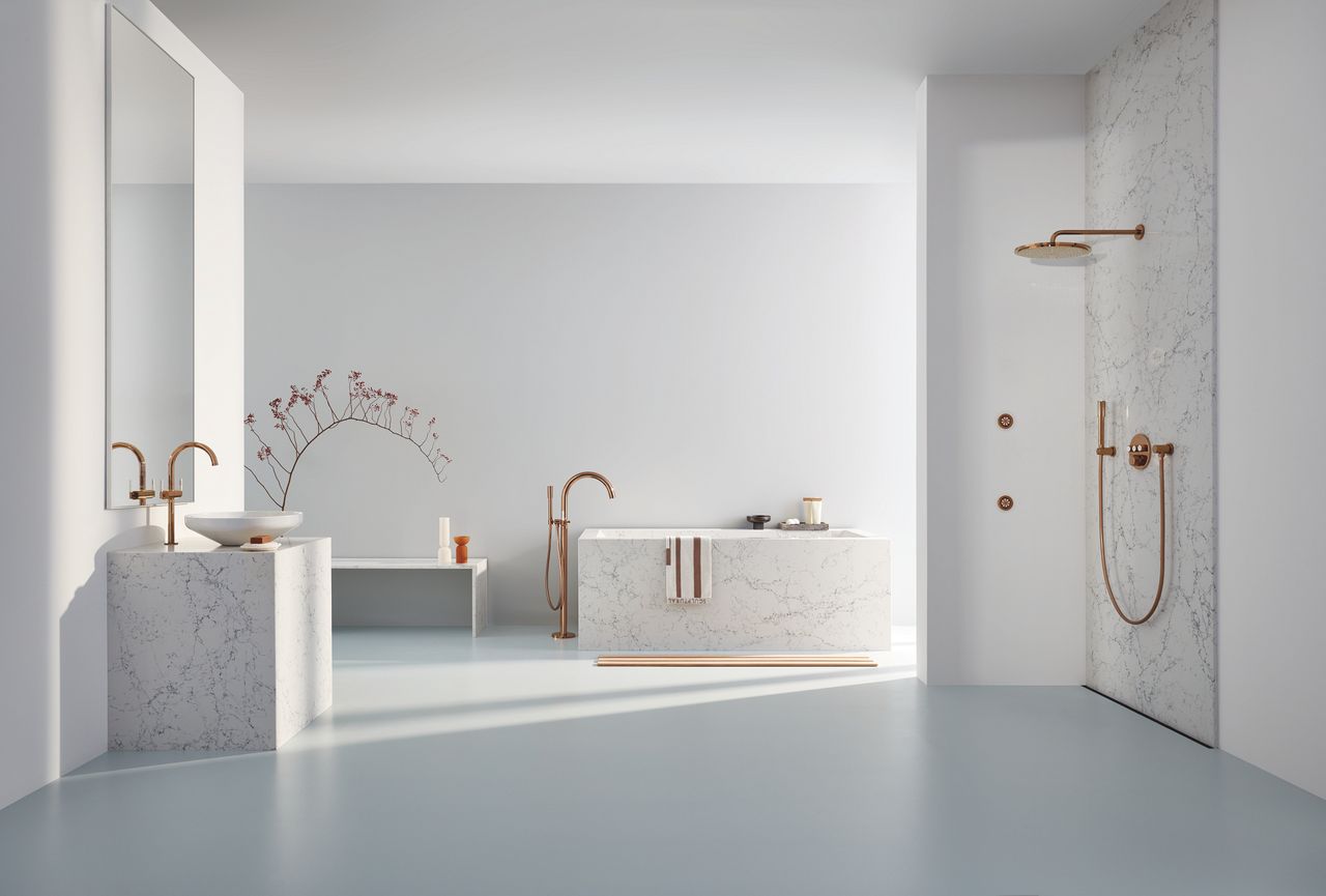 white bathroom showcasing Grohe Spa products