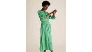 M&S Collection Printed Puff Sleeve Midi Waisted Dress