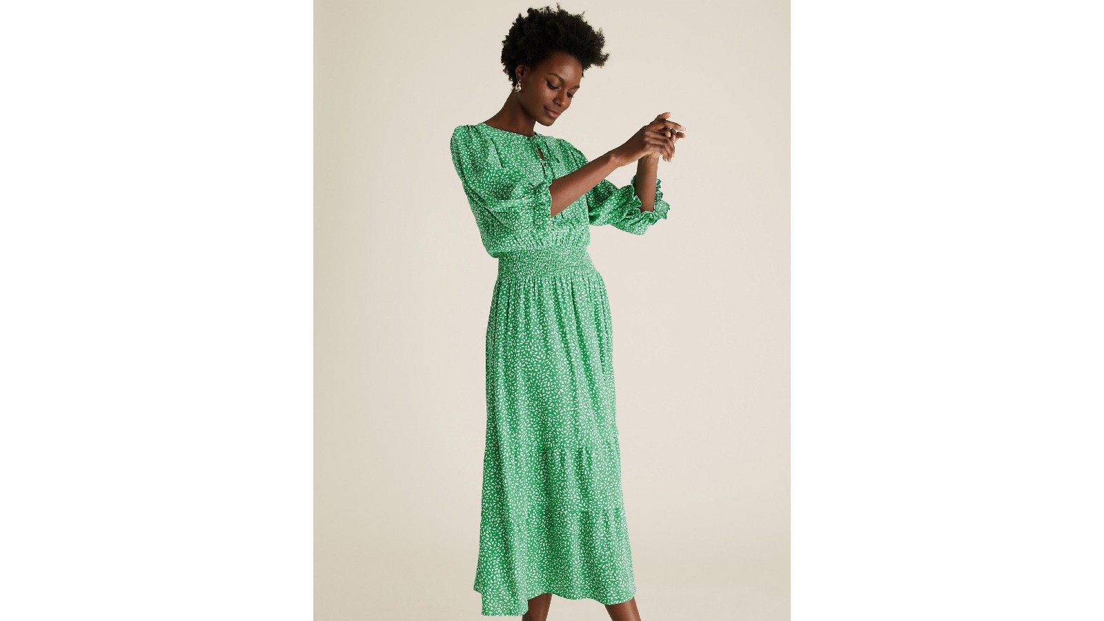 M&S Collection Printed Puff Sleeve Midi Waisted Dress