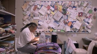 'Chill' using a sewing machine in Netflix documentary The Quilters.