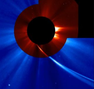 This image shows Comet ISON extremely close to the sun as seen by the SOHO spacecraft on Nov. 28, 2013 during the comet's Thanksgiving Day close solar encounter.