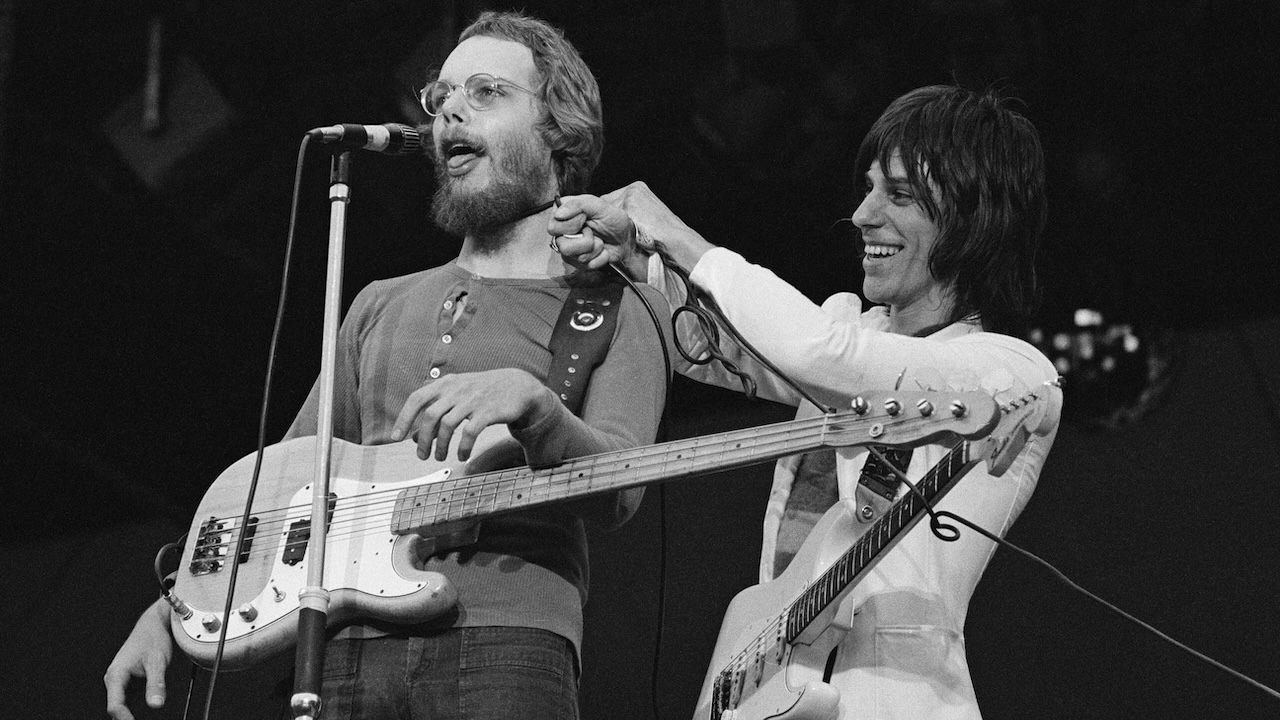 American bassist Tim Bogert (left) and English guitarist Jeff Beck performing with hard rock supergroup Beck, Bogert &amp; Appice at the 'Rock At The Oval' festival, London, 16th September 1972