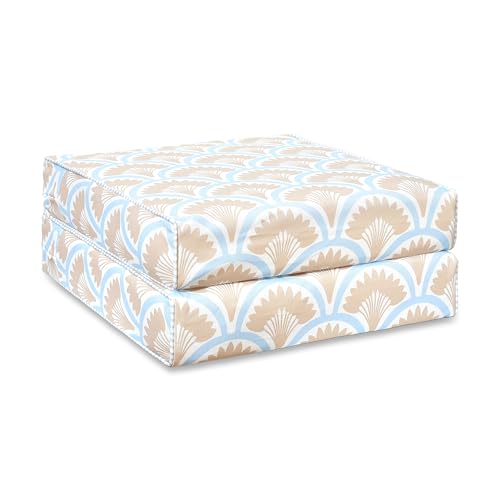 Hofdeco Premium Coastal Hampton Patio Indoor Outdoor Seat Cushion Cover Only Set of 2, 20"x20"x4" Water Repellent for Backyard, Couch, Tan Baby Blue Print Tropical Ravenala Palm Tree